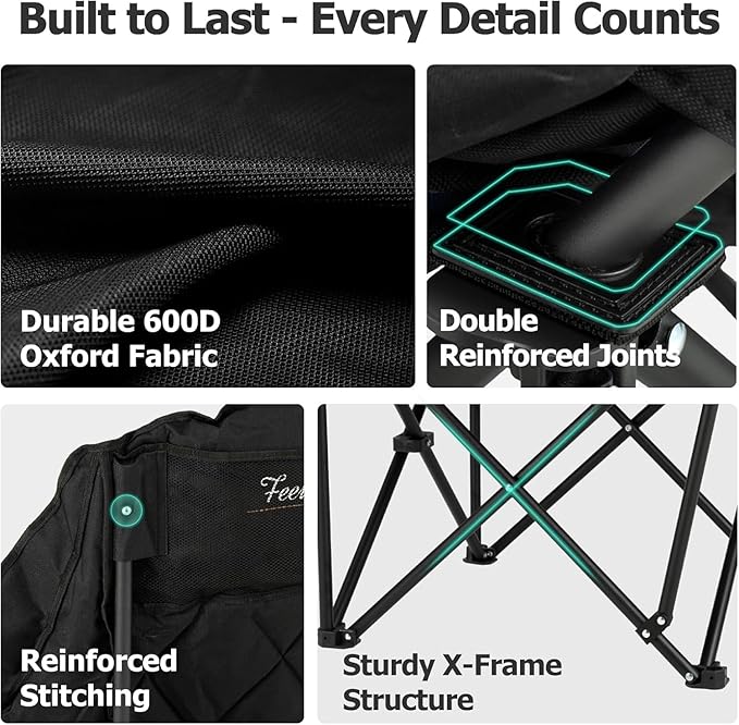 Overmont Oversized XL Camping Chair for Adults - 400lbs Support Heavy-Duty Padded Folding Chair with Side Pocket Cup Holder Cooling Bag for Outdoor Sports Garden Beach Fishing Lawn Black