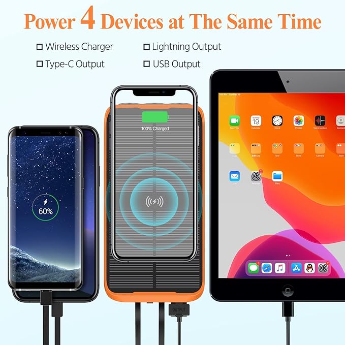 superallure Solar Charger Power Bank,Portable Charger,43800mAh Qc3.0 Fast Charger Qi 10W Wireless Charging Built-in 2 Kinds Output Cable and 680Lumen Bright flashlights