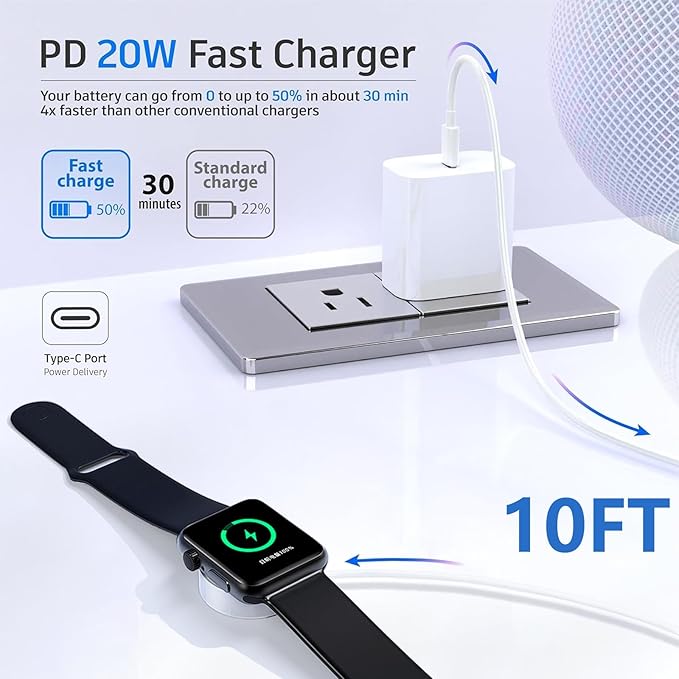 10FT for Apple Watch Charger, Long 10 FT iWatch Portable Wireless Fast Charging Cable Cord with USB C i-Watch Charger Plug Compatible with Series 10/9/8/7/SE/6/5/4/3/2/1 2Pack