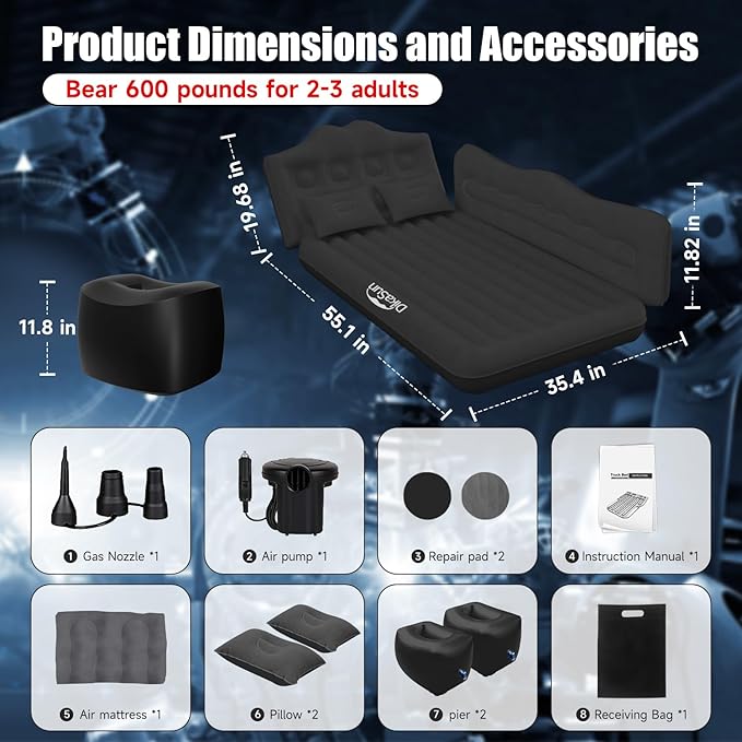 Car Air Mattress, Inflatable SUV Truck Camping Mattress for Back Seat, Thickened Travel Car Bed Sleeping Pad with Air Pump 2 Pillows