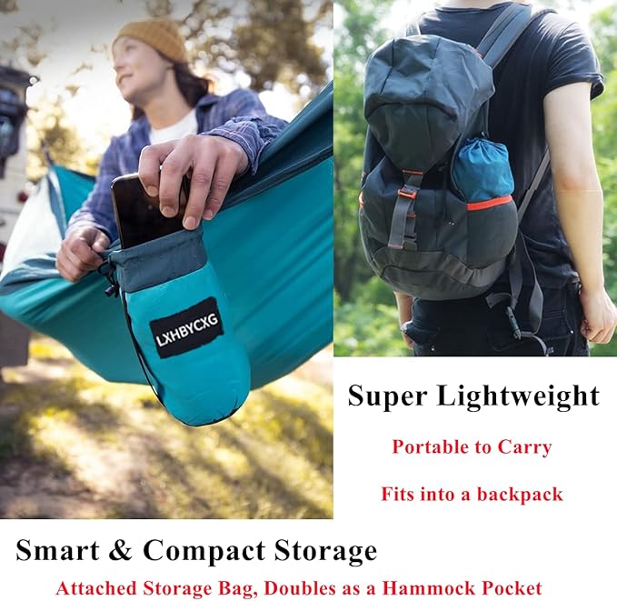 Camping Hammock Double & Single Portable Hammocks Ultralight Nylon Parachute Hammocks with 2 Tree Straps for Backpacking, Travel, Beach, Backyard, Camping, Hiking (Large, Peacock Blue & Peacock Green)
