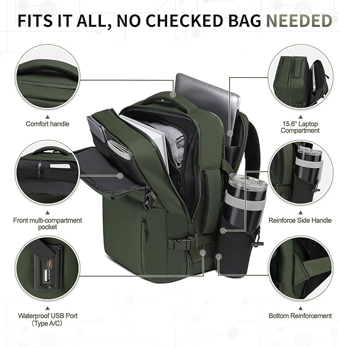 Lay Flat Carry on Travel Backpack, 30L Airline Approved, Fits 16" Laptop, USB-C & USB-A, Water Resistant, Green