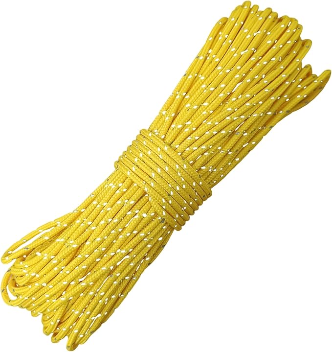 2mm Reflective Guyline Camping Paracord, Ultralight Thin Cord Rope for Tarp Rain Fly Tent Camping, 65 Feet (Yellow)