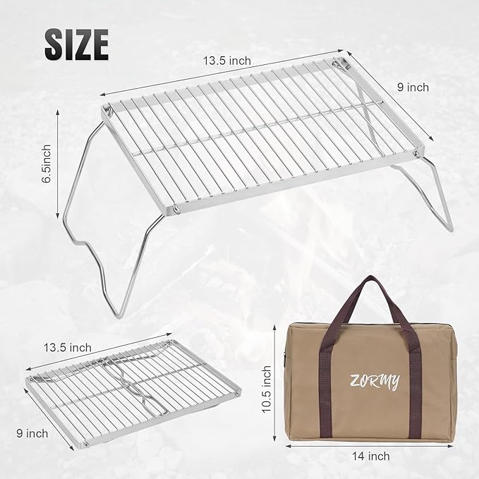 ZORMY 13" Folding Campfire Grill, 304 Stainless Steel Firepit Grill Grate, Heavy Duty Portable Camping Grill with Carrying Bag, Gas BBQ Grill Grate for Backpacking, Hiking, Picnics (Medium)