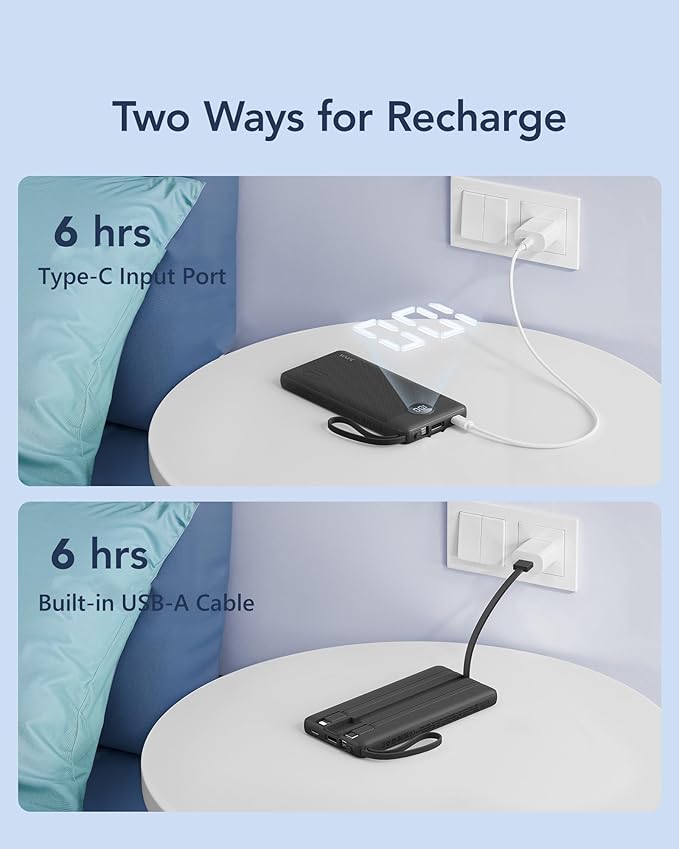 VRURC Portable Charger with Built in Cables, Slim Power Bank 10000mAh, USB C Battery Pack Travel Essential, 5 Outputs 2 Inputs Phone Charging Bank for iPhone 16 15 14 13,Samsung,Android-Black(1 Pack)