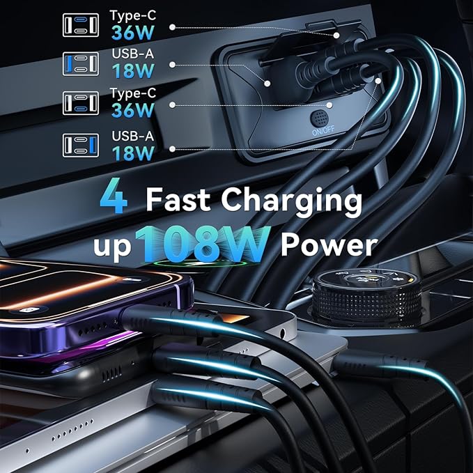 2PCS Gibbab 108W 4 Ports 12V RV USB Switch Outlet, 2 * 36W PD3.0 Type-C + 2 * 18W QC3.0 Quick Charge Panel Wall Mount Car Charger Socket Waterproof Multi-Port Adapter for Marine Truck Boat ATV Bus