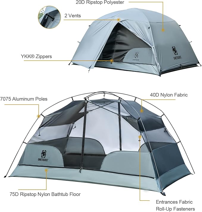 OneTigris COSMITTO 2 Person Backpacking Tent Shelter- Free Standing Lightweight Waterproof 3 Season Camping Tent for Outdoor Hiking Mountaineering