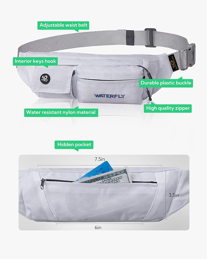 WATERFLY Fanny Pack Slim Soft Polyester Water Resistant Waist Bag Pack for Man Women Carrying iPhone 8 Samsung S6 (White)