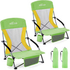 Homcosan Portable Low Folding Beach Chairs Set of 2 - Lightweight Camping Chairs for Adults with Cup Holder & Storage Pockets, Carry Bag Included (Green & Yellow)