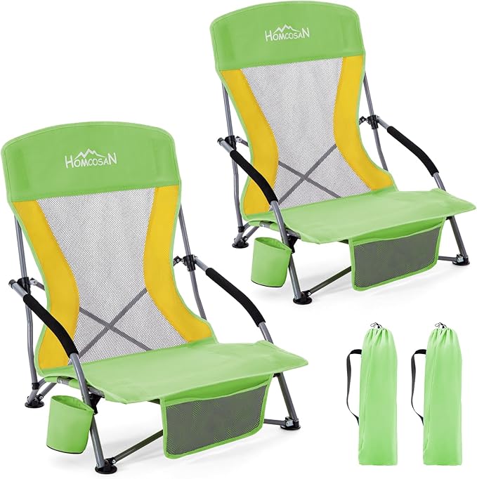 Homcosan Portable Low Folding Beach Chairs Set of 2 - Lightweight Camping Chairs for Adults with Cup Holder & Storage Pockets, Carry Bag Included (Green & Yellow)