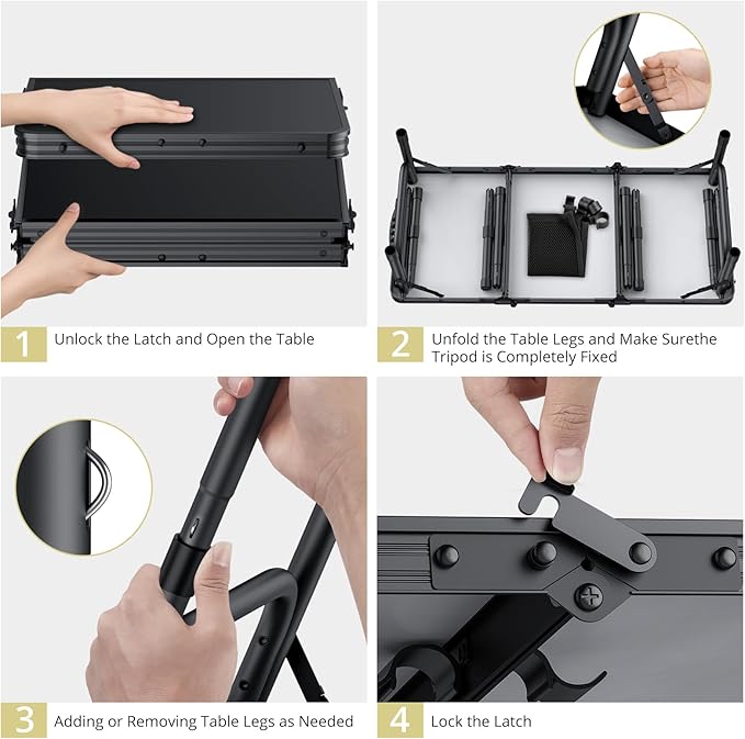 Folding Camping Table with Storage Net, 3ft Camping Table Aluminum Folding Table with 3 Adjustable Height Max 27.5 Inch Picnic Table Portable Table for Outdoor Backyard BBQ, Pure Black