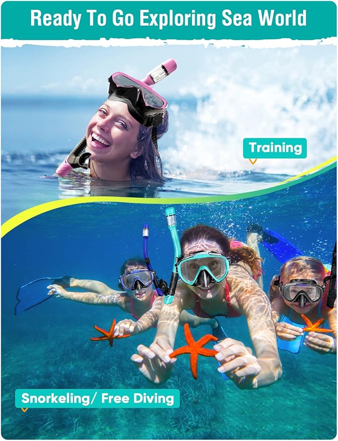 Snorkel Set Adults Snorkeling Gear Anti-Fog Panoramic View Swim Mask Dry Top Snorkel Kit with Carry Bag for Snorkeling Scuba Diving Swimming Travel