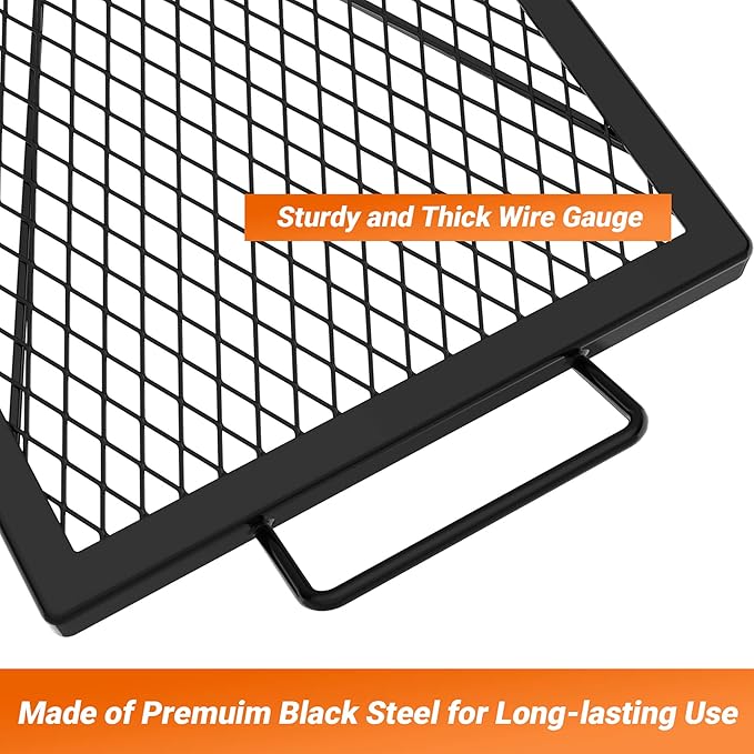 Onlyfire Barbecue Rectangle X-Marks Fire Pit Cooking Grate, Heavy Duty Steel Campfire BBQ Grill Grid with Handle Grill Grate for Outdoor, 32-Inch