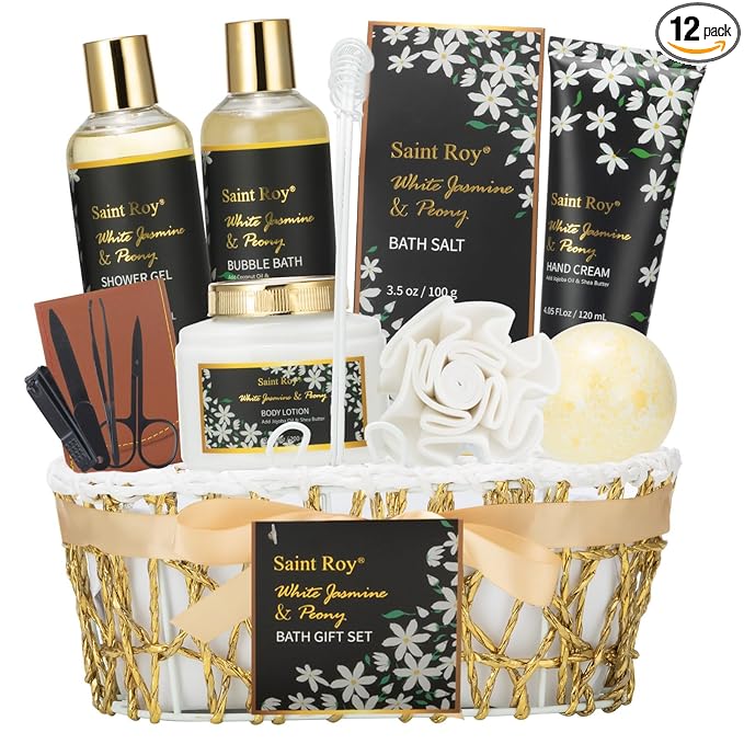 Mothers Day Gifts for Women Spa Day Gifts for Women, White Jasmine Peony Spa Gift Basket Set, Self-Care Relaxation Bath Kit, Nail Clippers, Bath & Body Care Set, Birthday, Christmas, Anniversary