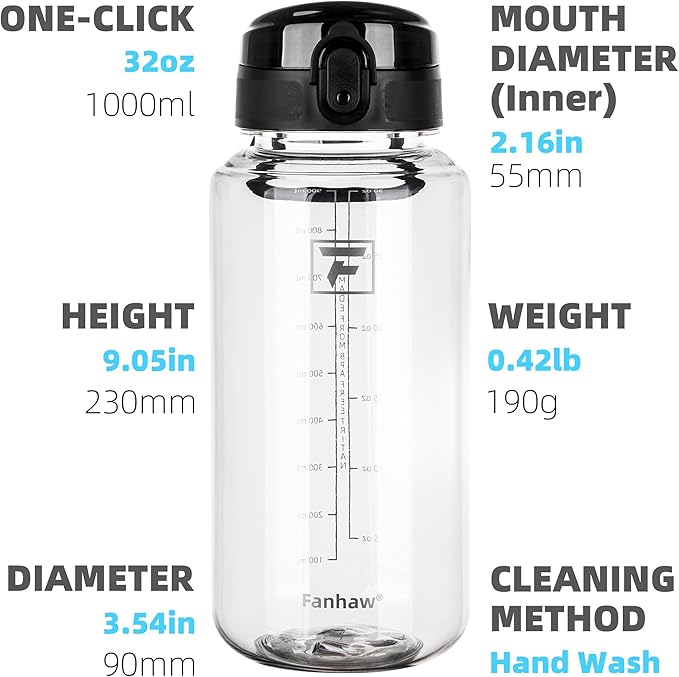 Fanhaw 32 Oz Clear Tritan Water Bottle with Chug Lid, BPA-free, Wide Mouth, Leak Proof - for Gym, Travel, Home, School, Office (Clear&Black)