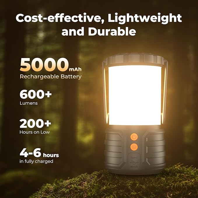 Camping Lantern,5000mAh Rechargeable Battery Emergency Lights for Power Outages,3 Colors,IPX4 Waterproof Portable Flashlight Camping Tent Light for Home or Hurricane Hiking,1 Pack