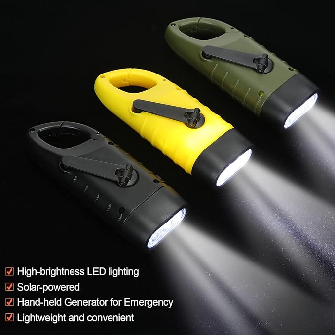 Mudder 6 Pcs Hand Crank Solar Powered Flashlights Emergency Rechargeable LED Handheld Flashlights for Survival Gear Outdoor Sports Camping Hiking Backpack Safety(Green Yellow Black)