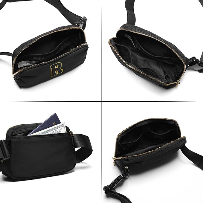 Gitus Belt Bag Fanny Pack Crossbody Bags with Initial Letter Patch Gifts for Wife Older Women Mother Coworker Bridesmaid Anniversary Travel Gifts Beach Gifts (Black-R)