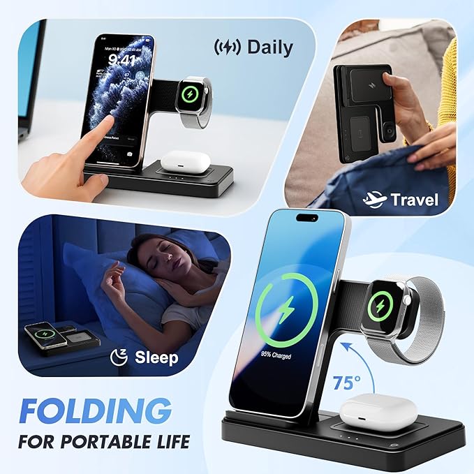 Wireless Charging Station for Apple Devices: 3 in 1 Foldable Qi Compact Case-Friendly Charger Stand for iPhone 17-12 & Apple Watch & AirPods Charging Dock for Travel Home Office Desk Nightstand(Black)