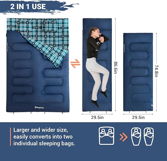 KingCamp Double Sleeping Bag for Adults, Queen Size 2 Person XXL Flannel Sleeping Bag, Waterproof Lightweight Flannel Quilt with 2 Pillows, Perfect for Couples Family Camping Hiking