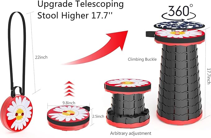 ALEVMOOM Upgraded Portable Collapsible Folding Stool with Cushion Retractable Telescoping Stool for Adults Sturdy Capacity 550lbs Camping Chair for Outdoor Hiking Garden BBQ with Bag