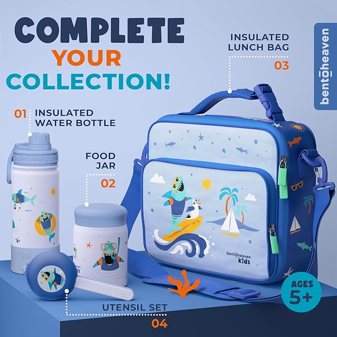 Bentoheaven Kids Water Bottle Stainless Steel for Boys & Girls, 2 Lids (Chug & Straw), Handle & Silicone Boot, Reusable Metal Leak-proof Insulated Tumbler, School & Sports 17oz (Blue)