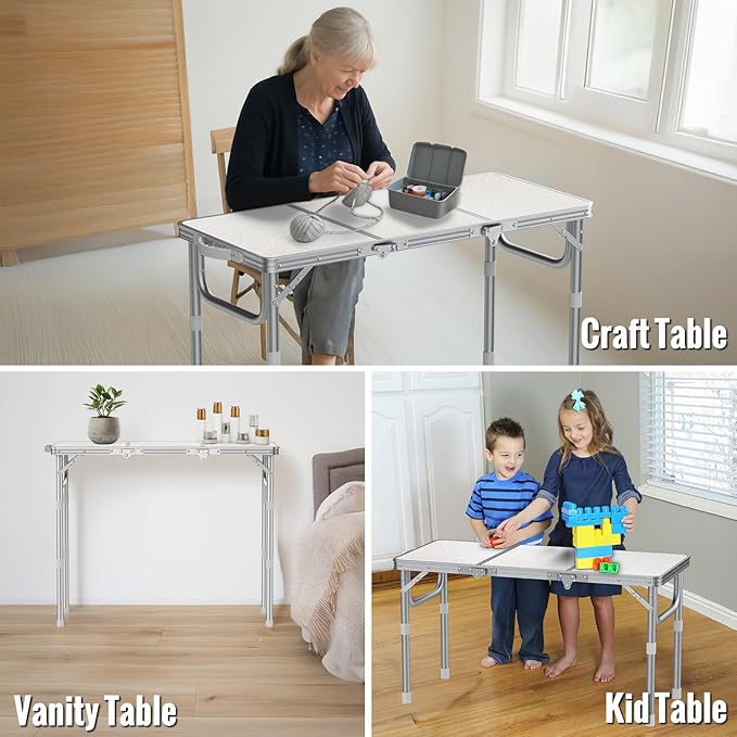 GARLLEN Folding Camping Table, 3 Adjustable Height Portable Folding Picnic Table with Storage Bag, Lightweight Aluminum Outdoor Table for Picnic, Camping, BBQ, 34.2" L x 15.7" W, Silver