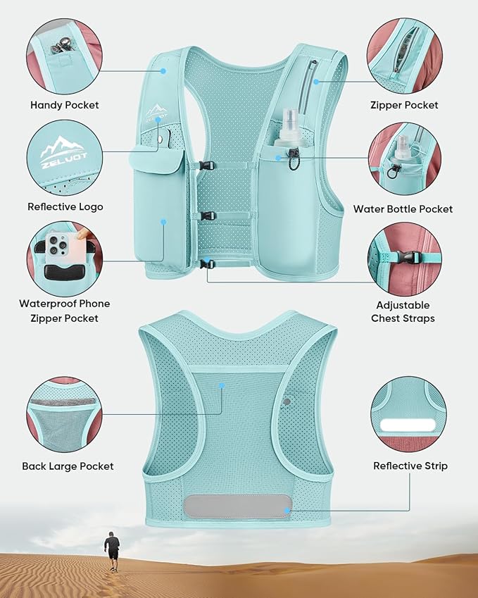 Running Vest for Women Men, USA Original Patent, Adjustable Chest Straps Running Hydration Vest with 500ml Soft Flask, Lightweight Reflective Hydration Backpack for Marathon