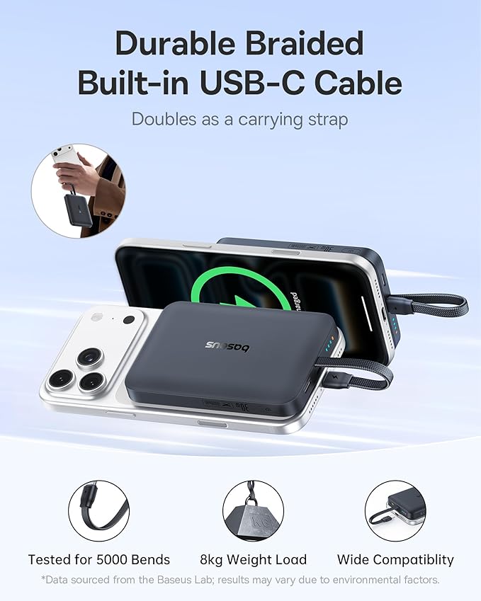 Baseus 45W Ultra Slim 10000mAh Power Bank Built-in USB-C Cables Bundle with 10,000mAh 30W Magnetic Portable Charger, Fast Charging Wireless Battery Pack with Built-in Braided USB-C Cable