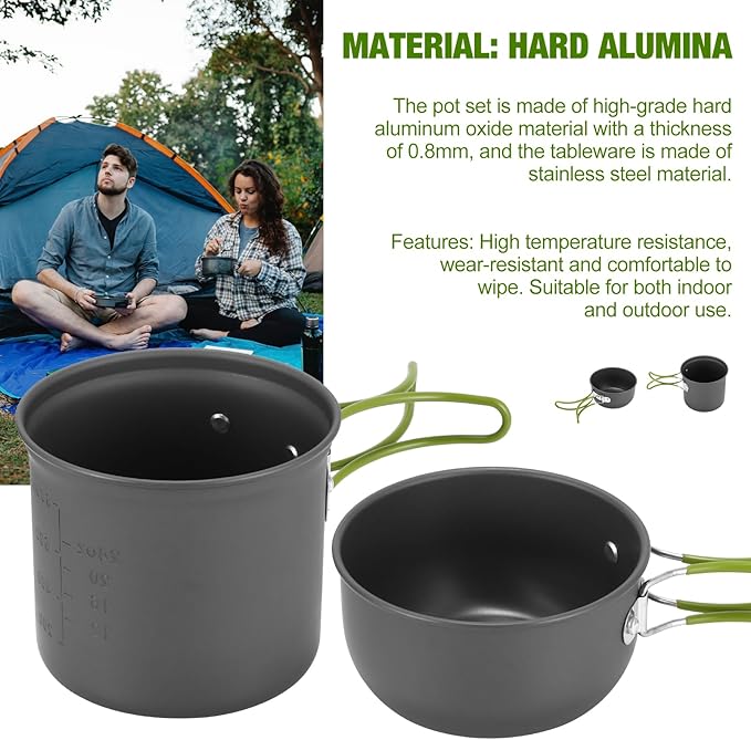 SS SUNSBELL Camping Cooking Set, Non-Stick Camping Pot and Pan Set, Portable Camping Cookware with Foldable Cutlery, 1-2 People Multifunctional Outdoor Cooking Equipment for Hiking, Picnicking