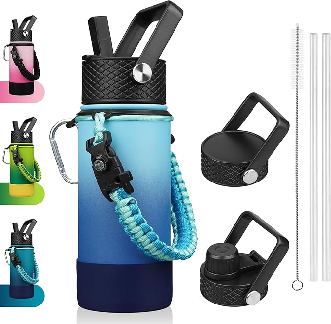 BJPKPK Water Bottle with Straw Lid, 18oz Insulated Water Bottles with 3 Lids, Paracord Handle & Non-slip Boot, Metal Stainless Steel Thermo, BPA Free Leak Proof Cups, Tumblers,Sky