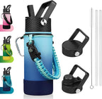 BJPKPK Water Bottle with Straw Lid, 18oz Insulated Water Bottles with 3 Lids, Paracord Handle & Non-slip Boot, Metal Stainless Steel Thermo, BPA Free Leak Proof Cups, Tumblers,Sky