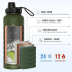 32oz Stainless Steel Insulated Water Bottle, 48H Ice Cold & 24H Hot, Leak-Proof Wide Mouth Lids (Straw & Spout), BPA-Free Bottles, Mens Water Bottle for Gym, Hiking, Travel - Green