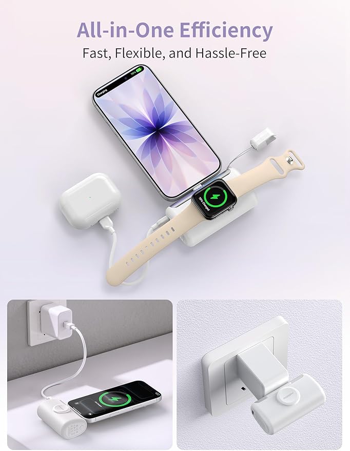 RORRY PalmGo Portable Charger, 10000mAh PD 22.5W Fast Charging Mini Power Bank with Built-in USB C Connector, 3-in-1 Battery Pack for iPhone 17/16/15 Pro/Max, Apple Watch Ultra/11/10/SE, iPad, Black