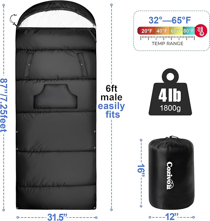 Adjustable Height Sleeping Bag for Adults - Wearable 3-Season Lightweight Waterproof with Arm Ports & Windproof Hood Design for Camping Hiking Backpacking(31.5“x87”)