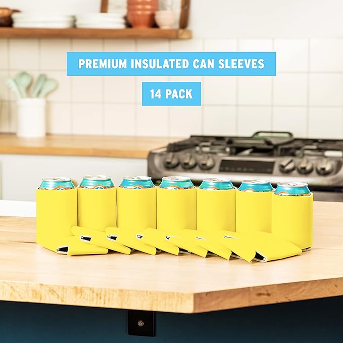 Blank Beer Can Coolers Sleeves (14-Pack) Soft Insulated Beer Can Cooler Sleeves - HTV Friendly Plain Can Sleeves for Soda, Beer Cans & Bottles - Blanks for Vinyl Projects & Wedding Favors (Yellow)