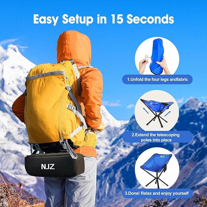 Portable Camping Chairs - 15s Setup & Compact 13" Fold - Backpacking Chair with Carry Bag, Camp Chair for Picnics, Fishing, Festival Sporting Events, Support 200 LBS - Blue