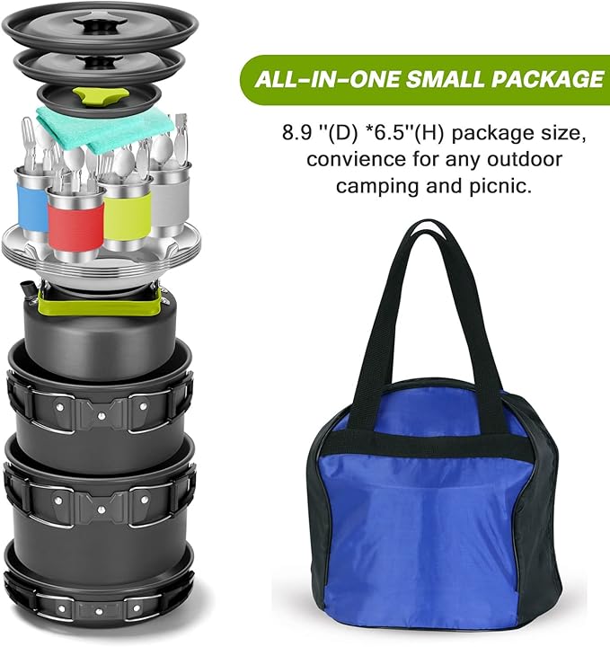 Odoland 29pcs Camping Cookware Mess Kit, Non-Stick Lightweight Pots Pan Kettle, Collapsible Water Container and Bucket, Stainless Steel Cups Plates Forks Knives Spoons for Outdoor Backpacking Picnic