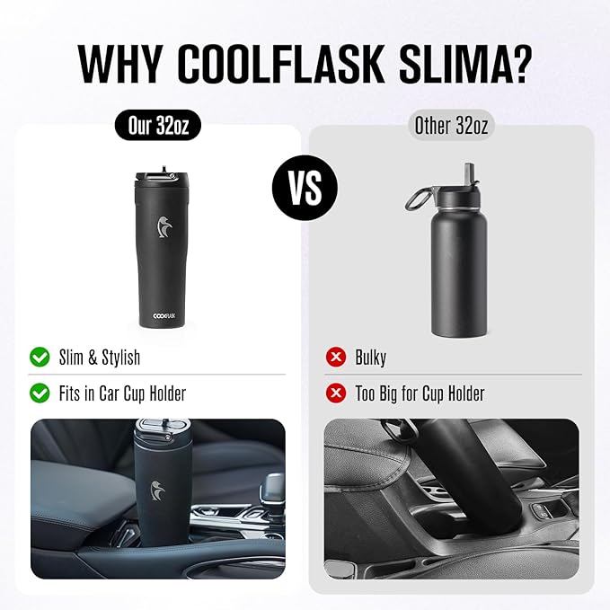 Coolflask Water Bottle 32 oz Fits Car Cup Holder, Slim Tumbler Stainless Steel with Straw & Handle, Vacuum Flask Leakproof Wide Mouth for Travel Sports Gym, Black