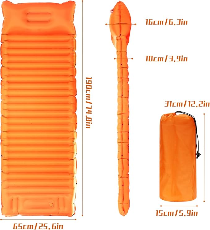 40D Self-Inflating Camping Pad, Insulated Ultralight Sleeping Mat for Backpacking, Winter Camping, 2-Layer Anti-Leak Design w/Built-in Pillow, Foot Pump Foldable Pad, Orange Red
