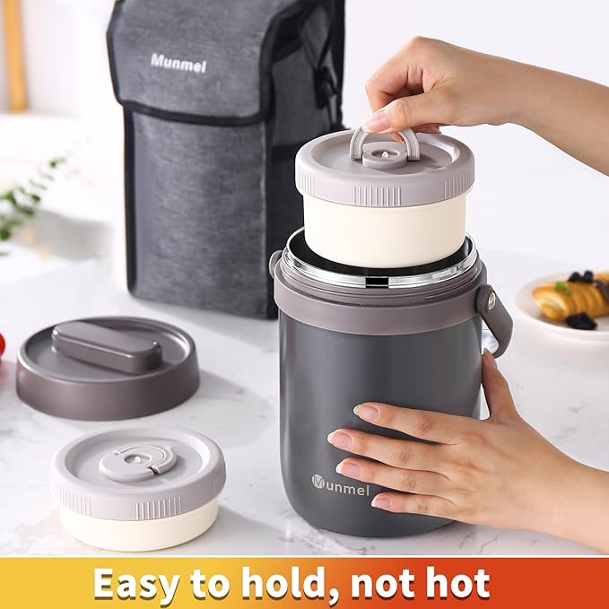 Adults Lunch Vacuum Soup Thermo For Hot Food with Inserts Stackable Bento Box Storage Container,Width Mouth Stainless Steel Portable Insulated Food Jar (grey, 74 oz)