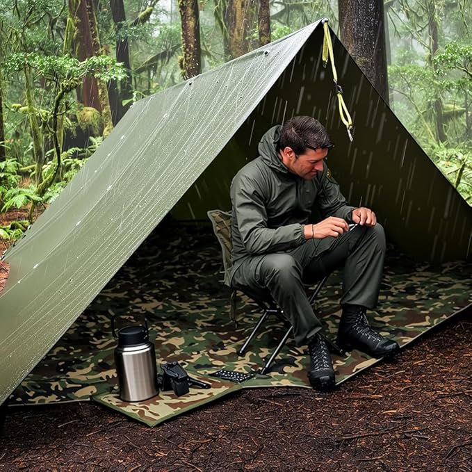 GOLDCAMP Waterproof Camping Tarp，70D Nylon 10X13.2ft Hammock Rain Fly ，UV 50+ and PU15000mm Tent Tarp Shelter Canopy，Heavy Duty Multifunctional Sun Shade Essentials for Hiking (120''X120'')