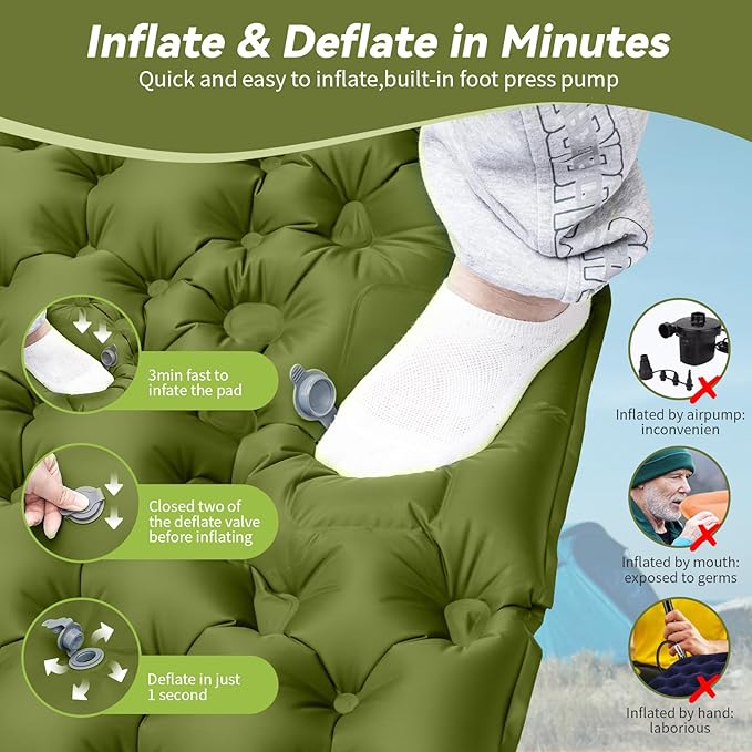 HiiPeak Double Sleeping Pad - Self Inflating 4" Extra-Thick for 2 Person with Pillow Built-in Foot Pump Inflatable Sleeping Mat for Backpacking, Hiking, Traveling, Tent, Portable Camping Mat