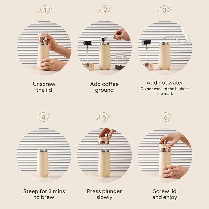 Travel French Press Coffee Maker 12oz Portable French Coffee Cup Double Walled Stainless Steel Vacuum Insulated Coffee Mug and Tea Maker Mini Vacuum Great for Camping and Traveling