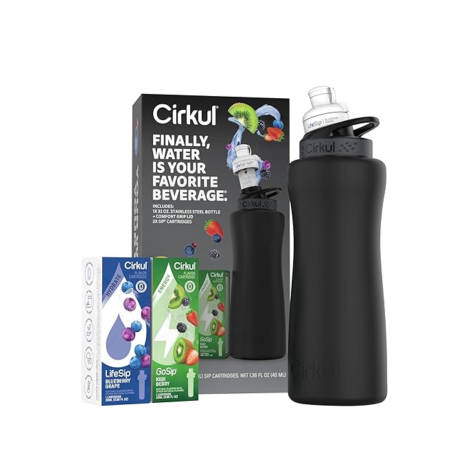 Cirkul 32oz. Matte Black Stainless Steel Water Bottle Starter Kit with Black Lid and 2 Flavor Cartridges (1 LifeSip Blueberry Grape, 1 GoSip Kiwi Berry) No Sugar, Zero Calorie Drink Mix
