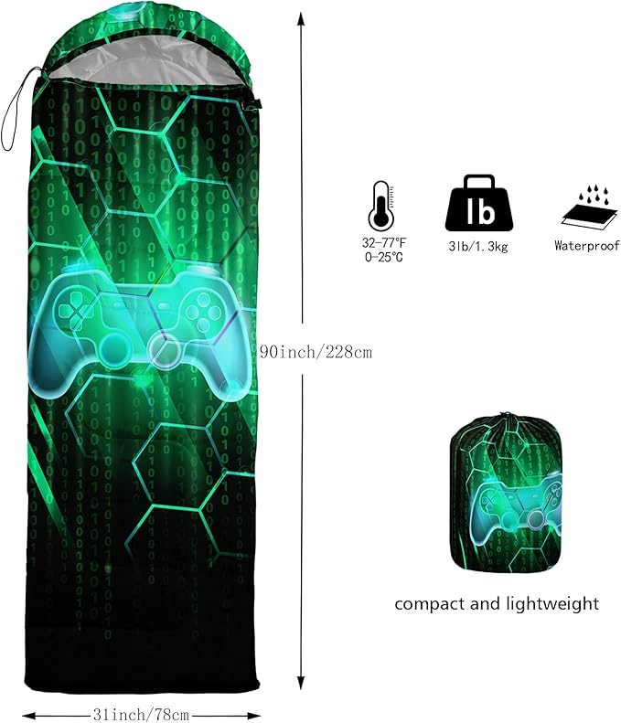Axolotl Gamepad Sleeping Bag,3 Season Warm and Cool Weather Game Console Sleeping Bag for Boys Teens,Waterproof Lightweight Geometry Hexagonal Sleeping Bag for Traveling,Outdoors Camping,Blue,Black