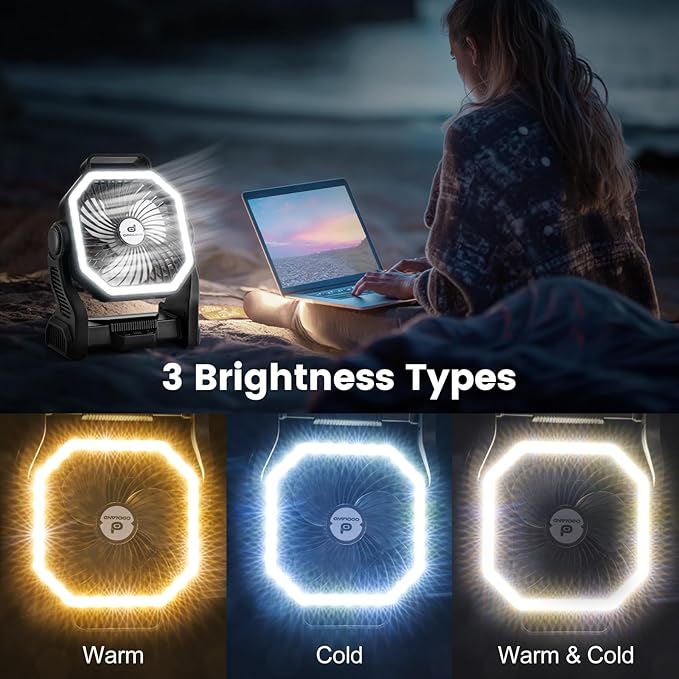 Odoland Rechargeable Camping Fan, 20000mAh Battery Fans with LED Lantern for Tent Car Beach Storm, Portable Ventilador Recargable Light Desk Fan for Picnic Power Outage Hurricane, Black