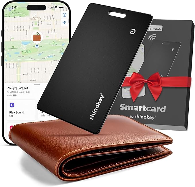 Rhinokey® Wallet Tracker Card (iOS Only) - Slim Rechargeable 1.8mm Thin Tracker Airtag Wallet IP68 Waterproof Apple Find My Luggage Tags Item Finder with Key Chain Hole