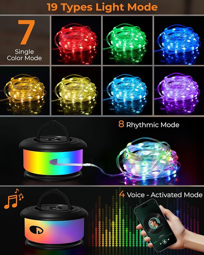 Camping String Lights, Retractable 32.8ft RGB Flash Lamp, Rechargeable Fairy LED Rope Lights Outdoor Waterproof, Portable Hanging Lantern for Outside Tent Patio Awning Garden RV Essentials