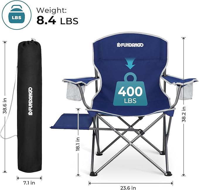 FUNDANGO Folding Camping Chair with Table, 2 Pack Portable Heavy Duty Outdoor Padded Chairs for Adults with Cup Holders for Lawn Beach Picnic Outside Travel (Blue)